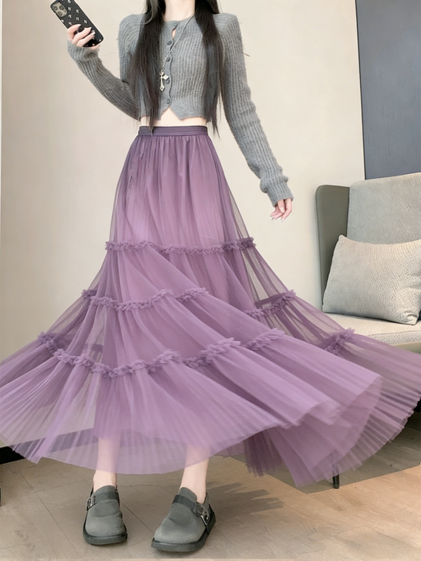 MY16163# 气质减龄大摆网纱蛋糕裙 高腰遮肉显瘦A字百褶裙韩版皱褶花...