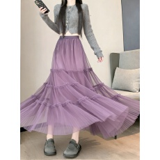 批发气质减龄大摆网纱蛋糕裙 高腰遮肉显瘦A字百褶裙韩版皱褶花边裙