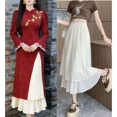 批发2026春季新款百搭小个子a字<b class='q'>雪纺</b>裙百褶双层蛋糕半身裙旗袍衬裙