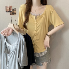 批发实拍~大码韩系夏新款假两件<b class='q'>针织衫</b>拼接蕾丝短袖胖mm显瘦正肩t恤