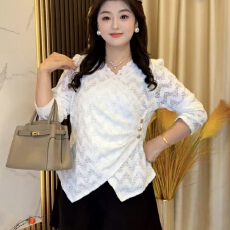 批发大码秋新款交叉磨毛蕾丝V领气质百搭修身上衣