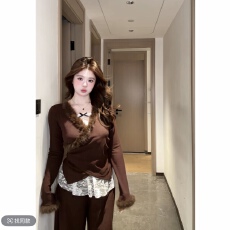 批发大码微胖mm纯欲甜辣秋<b class='q'>冬</b>毛毛拼接针织衫上衣蕾丝假两件内搭