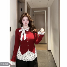 批发大码微胖mm韩系小香风设计感波点辣妹针织上衣