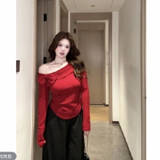 批发大码胖mm<b class='q'>冬</b>季一字肩蝴蝶结加绒加厚长袖纯欲上衣