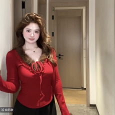 批发大码微胖mm冬季V领毛绒花边系带显瘦长袖T恤高级感上衣