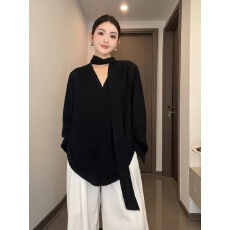 批发大码~V领黑色长袖衬衫女春季胖mm宽松慵懒衬衣设计感小众上衣