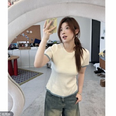 批发大码~后背绑带露腰圆领撞色短袖针织上衣