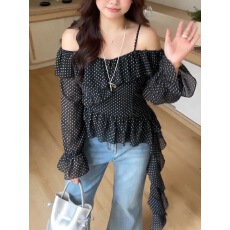 批发大码~黑色<b class='q'>波点</b>一字肩长袖<b class='q'>衬衫</b>春季胖mm设计感小众露肩吊带上衣