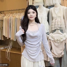 批发大码~辣妹荡领斜肩长袖t恤女<b class='q'>春</b>胖mm显瘦遮肉假两件露肩上衣