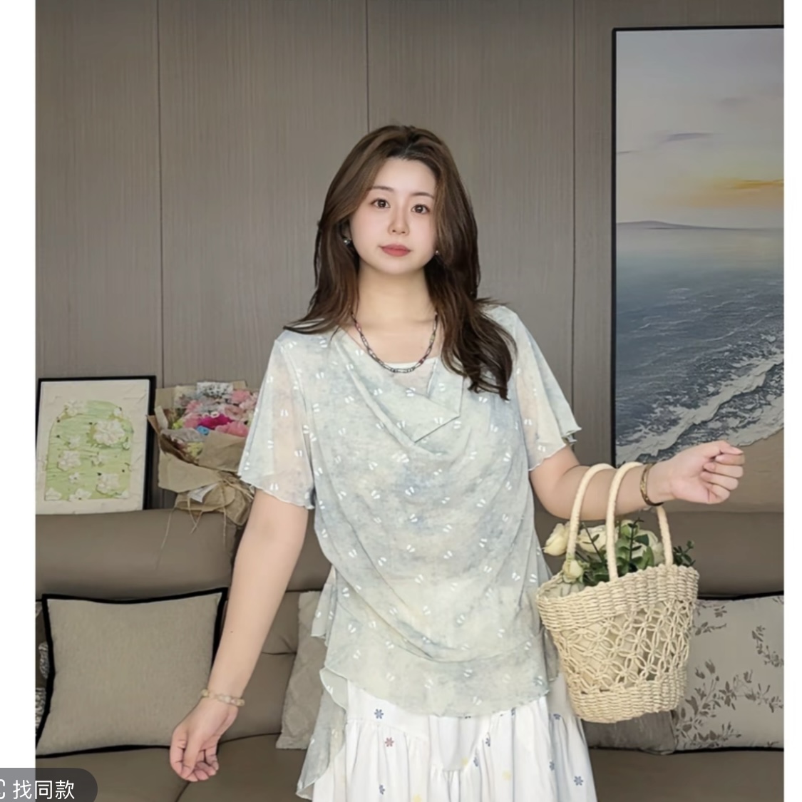 정가 빅 사이즈 여름 새로운 쇼트 스타일 다용도 슬림해 보이는 흔들다 칼라 메시 원단 반팔 티셔츠 여성