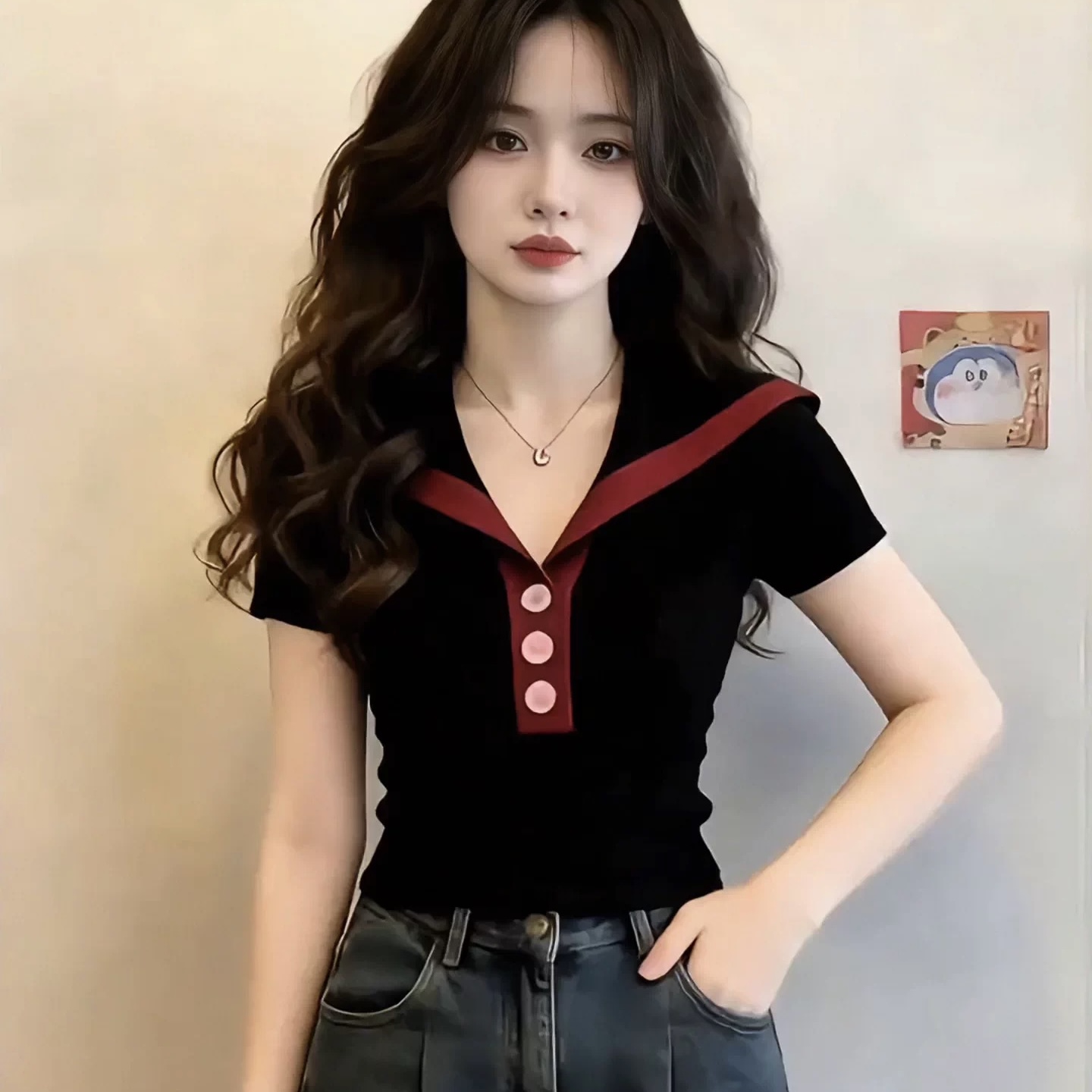 빅 사이즈 검정색 해군 칼라 반팔 티셔츠 여성 여름 새로운 지방 mm 표지 고기 슬림해 보이는 디자인 센스 배색 맨위