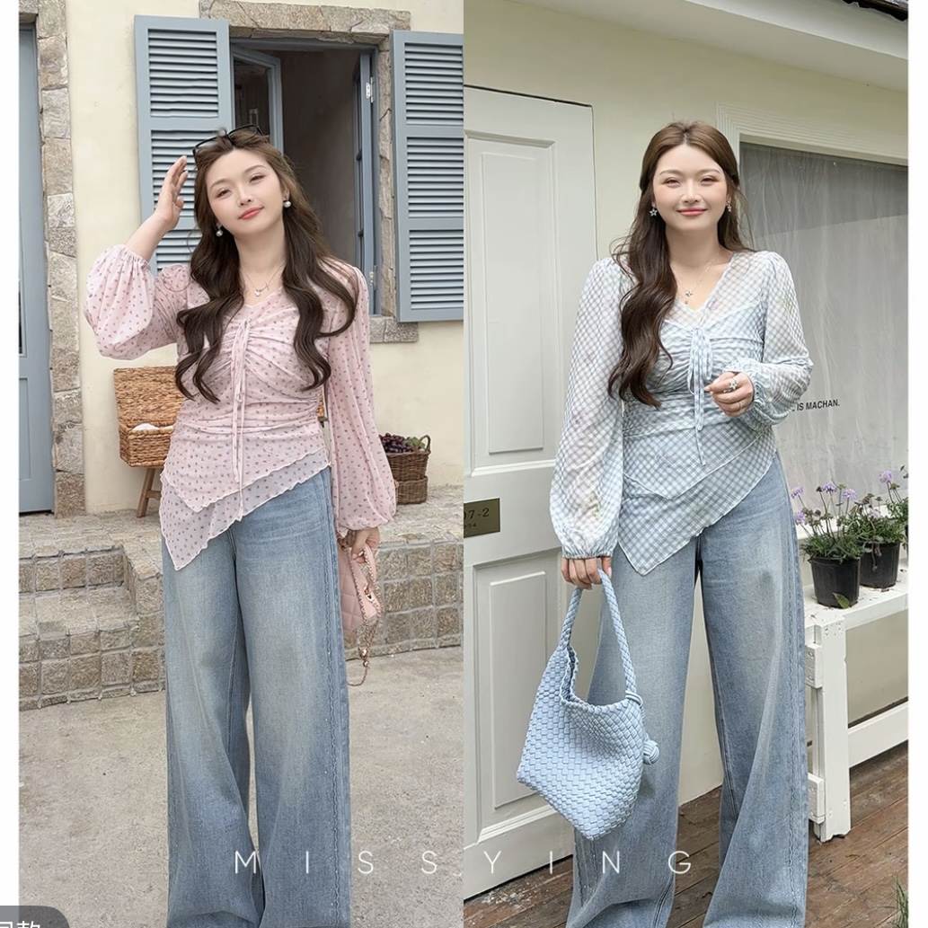 빅 사이즈 한 부서 여름 새로운 얇은 스타일 품격 슬림해 보이는 V넥 허리 수축 작은 셔츠