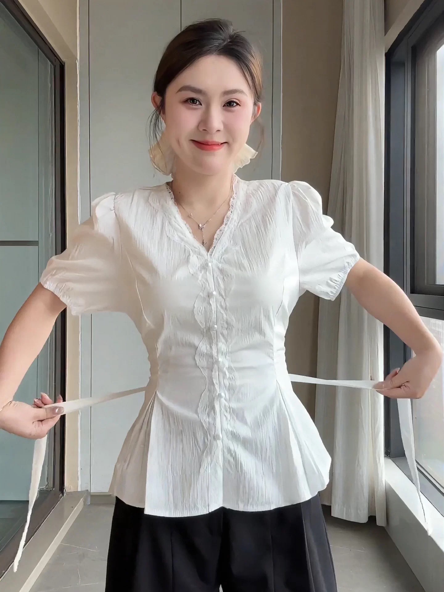 빅 사이즈 화이트 V넥 반팔 여성 셔츠 여름 새로운 지방 mm 표지 고기 슬림해 보이는 셔츠