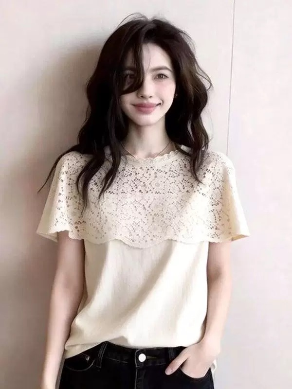 빅 사이즈 레이스 홀로우 아웃 페이크 레이어드 반팔 티셔츠 여성 여름 지방 mm 표지 고기 슬림해 보이는 디자인 센스 티셔츠 맨위