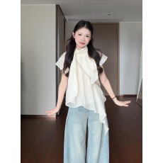 批发<b class='q'>大码</b>法式不规则飘带短袖衬衫女夏设计感雪纺衬衣慵懒风显瘦