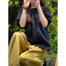 批发大码法式圆领黑色短袖衬衫<b class='q'>夏</b>新款胖mm遮肚子显瘦设计感泡泡袖上衣