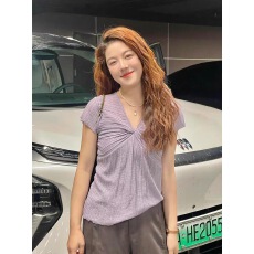 批发大码V领扭结小飞袖短袖针织t恤女夏新款胖mm韩系休闲减龄上衣