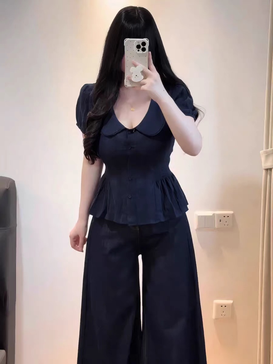 빅 사이즈 프랑스식 베이비 칼라 거품 소매 여성 셔츠 여름 지방 mm 허리 수축 슬림해 보이는 자이언트 잘 생긴 반팔 맨위