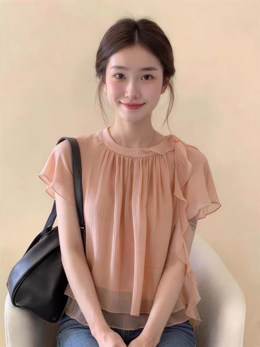 빅 사이즈 프랑스식 핑크색 라운드 넥 리본 쉬폰 여성 셔츠 여름 루즈핏 슬림해 보이는 품격 연령 감소 반팔 맨위