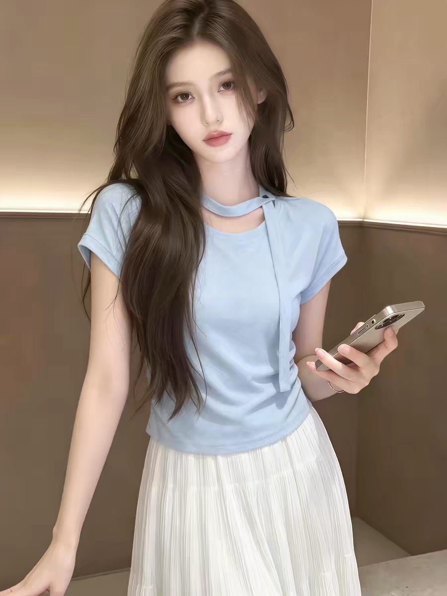 빅 사이즈 파란색 긍정적 인 어깨 반팔 티셔츠 여성 여름 지방 mm 폭발 디자인 센스 리본 슈퍼 화재 연령 감소 품격 맨위