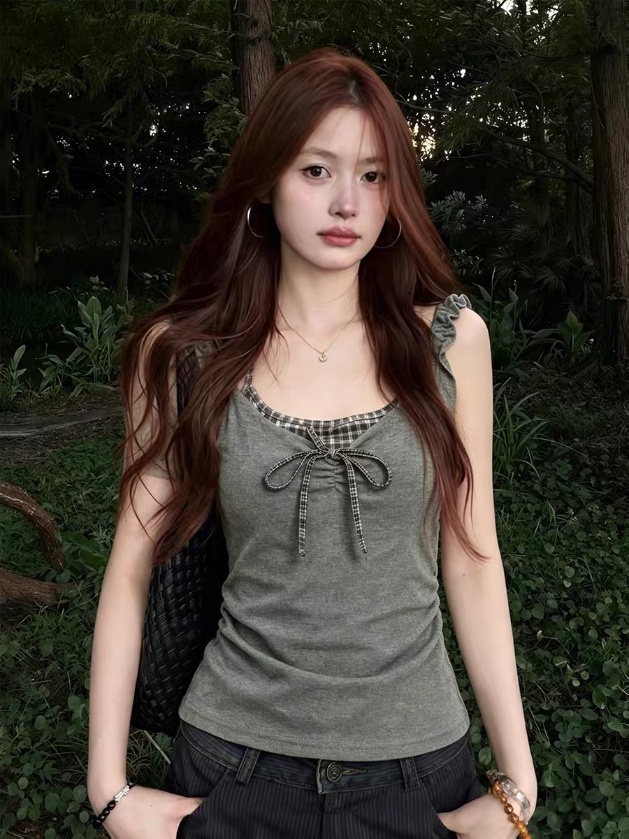 빅 사이즈 회색 체크무늬 패치워크 페이크 레이어드 나비 매듭 조끼 슬립 여성 여름 지방 mm 슈퍼 화재 쇼트 스타일 맨위