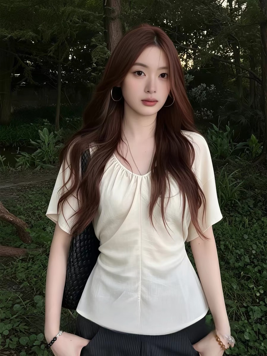 빅 사이즈 살구 색상 반팔 티셔츠 여성 여름 지방 mm 뒤로 이슬 허리 스트랩 슬림해 보이는 디자인 센스 품격 맨위 트렌디