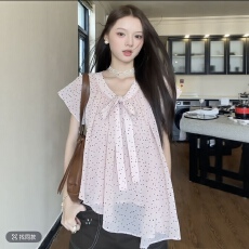 批发大码胖mm韩系<b class='q'>V领</b>波点短袖衬衫女夏宽松荷叶边系带减龄气质上衣