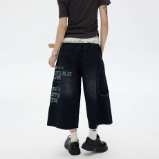 批发<b class='q'>韩版</b>时尚新款破洞牛仔中<b class='q'>裤</b>男女美式宽松夏季直筒字母复古七分<b class='q'>裤</b>潮