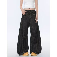 批发美式街头风水洗原色弯刀牛仔<b class='q'>裤</b>男女款<b class='q'>韩版</b>设计感潮牌微喇阔腿长<b class='q'>裤</b>