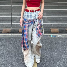 批发重磅3D数码印花民族纹<b class='q'>衬衫</b>牛仔裤男女潮流嘻哈个性休闲阔腿长裤