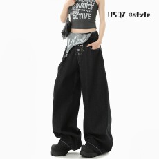 批发美式可拆卸单肩背带裤<b class='q'>男</b>女夏高街飞机扣门襟长裤复古宽松弯刀<b class='q'>裤子</b>