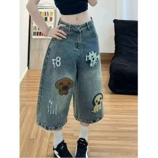 批发韩系复古卡通小狗刺绣七分<b class='q'>牛仔裤</b>女夏季新款高腰宽松显瘦百搭裤子