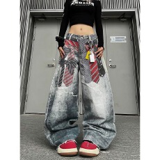批发76STREET美式高街复古3D打印领带设计感阔脚<b class='q'>牛仔裤</b>男女宽松弯刀裤