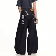 批发美式复古黑色字母阔腿弯刀裤男女春秋款<b class='q'>时尚</b>百搭宽松休闲牛仔裤