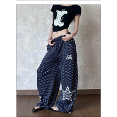 批发cuwu满印波点星星贴布阔腿卫裤女夏季轻亚风Y2K宽松直筒裤休闲裤