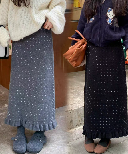 출산 착용 가을 겨울 새로운 없음 복부 지지 니트 도트 무늬 프릴 반신 스커트 캐주얼 슬림해 보이는 중간 길이 스커트