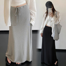 批发现孕妇慵懒风灰色抽绳垂坠感半身裙<b class='q'>春</b>夏季韩系高腰显瘦a字长裙