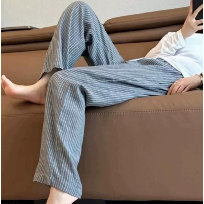 출산 착용 여름 새로운 아마 스트라이프 미니멀리즘 루즈핏 스트레이트 와이드 레그 팬츠 캐주얼 외출용 바닥 청소 바지