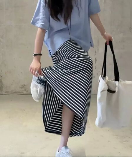임산부 여름 섹션 새로운 없음 복부 지지 몸매 가꾸기 품격 반신 스커트 캐주얼 슬림해 보이는 롱 코트 스트라이프 니트 원피스