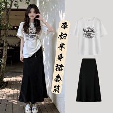 孕妇装夏季新款慵懒风套装纯棉宽松T恤+无托腹莫代尔半身裙