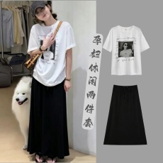 批发<b class='q'>孕妇装</b>夏季新款慵懒风减龄套装纯棉T恤莫代尔无托腹<b class='q'>休闲</b>半身裙