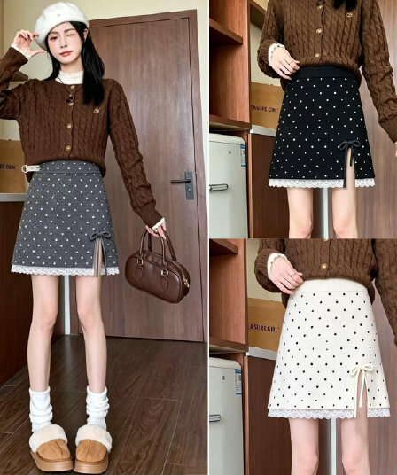 출산 착용 가을 겨울 새로운 없음 복부 지지 트임 니트 도트 무늬 레이스 측면 반신 스커트 캐주얼 슬림해 보이는 중간 길이 스커트