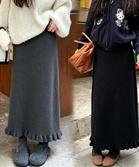 2026 출산 착용 가을 겨울 새로운 없음 복부 지지 니트 프릴 반신 스커트 캐주얼 슬림해 보이는 중간 길이 스커트