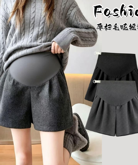 출산 착용 가을 겨울 새로운 모직 단색 두꺼운 루즈핏 반바지 캐주얼 다용도 임산부 부츠 팬츠 넓은 다리가 짧다. 바지