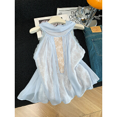 批发实拍法式雪纺飘带领拼接蕾丝<b class='q'>无袖</b>衬衫夏季宽松绝美设计感气质上衣