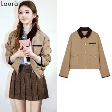 批发焦点巴恩<b class='q'>明星</b>赵露思<b class='q'>同款</b>卡其色复古工装风短款翻领夹克外套女25秋