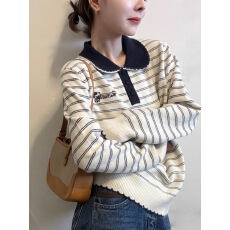 批发韩系POLO领撞色条纹长袖针织衫女秋季宽松慵懒小众不撞款毛衣上衣