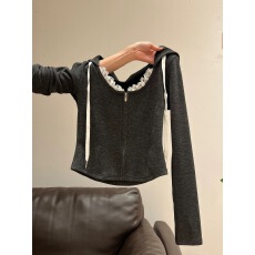 批发灰色高级感蕾丝花边拼接长袖外套女2025早秋新款连帽开衫短款上衣