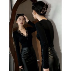 批发纯欲辣妹性感低胸v领女秋冬小香风蕾丝打底衫针织上衣