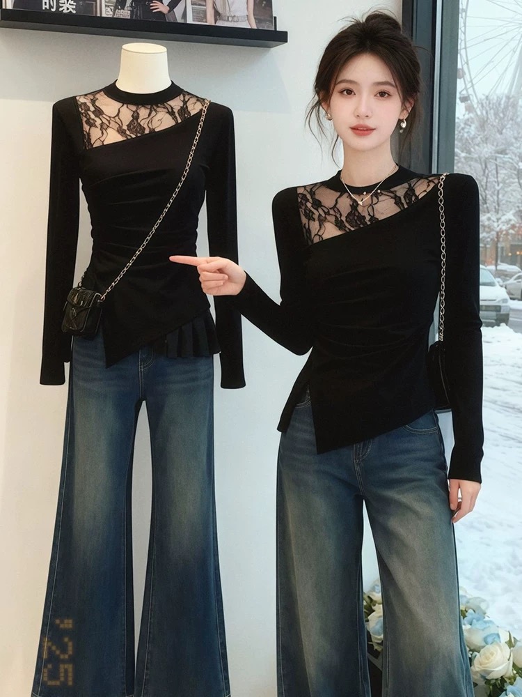 2026 봄 새로운 반하이넥 패션 패치워크 레이스 긴팔 티셔츠 여성 작은 대중 몸매 가꾸기 슬림해 보이는 인사이드 잡아라. 의류